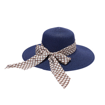 Ladies Sun Hat with Wide Brim and Geometric Pattern Bow