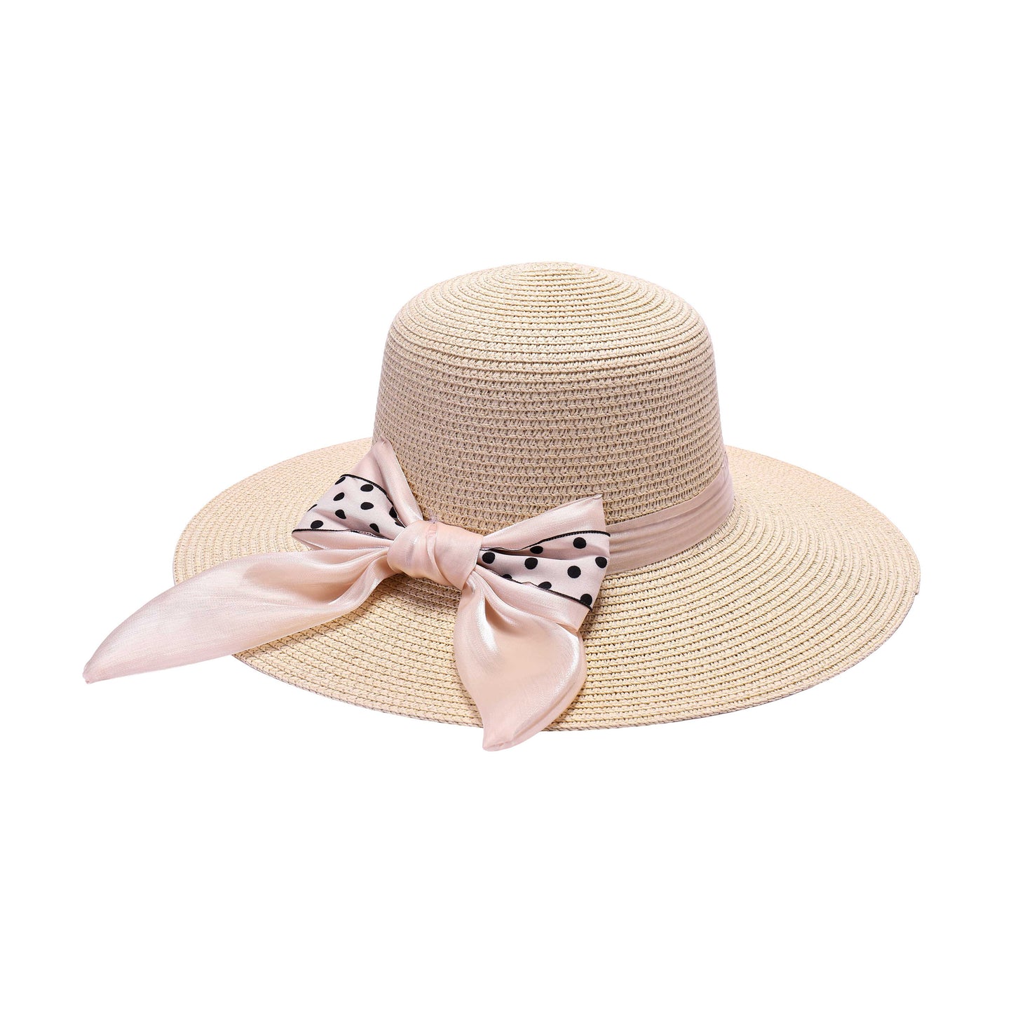 Ladies Sun Hat with Wide Brim and Polka Dot Bow