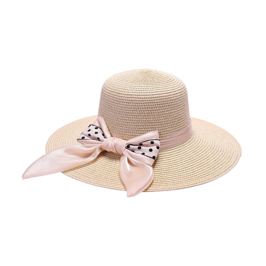 Ladies Sun Hat with Wide Brim and Polka Dot Bow