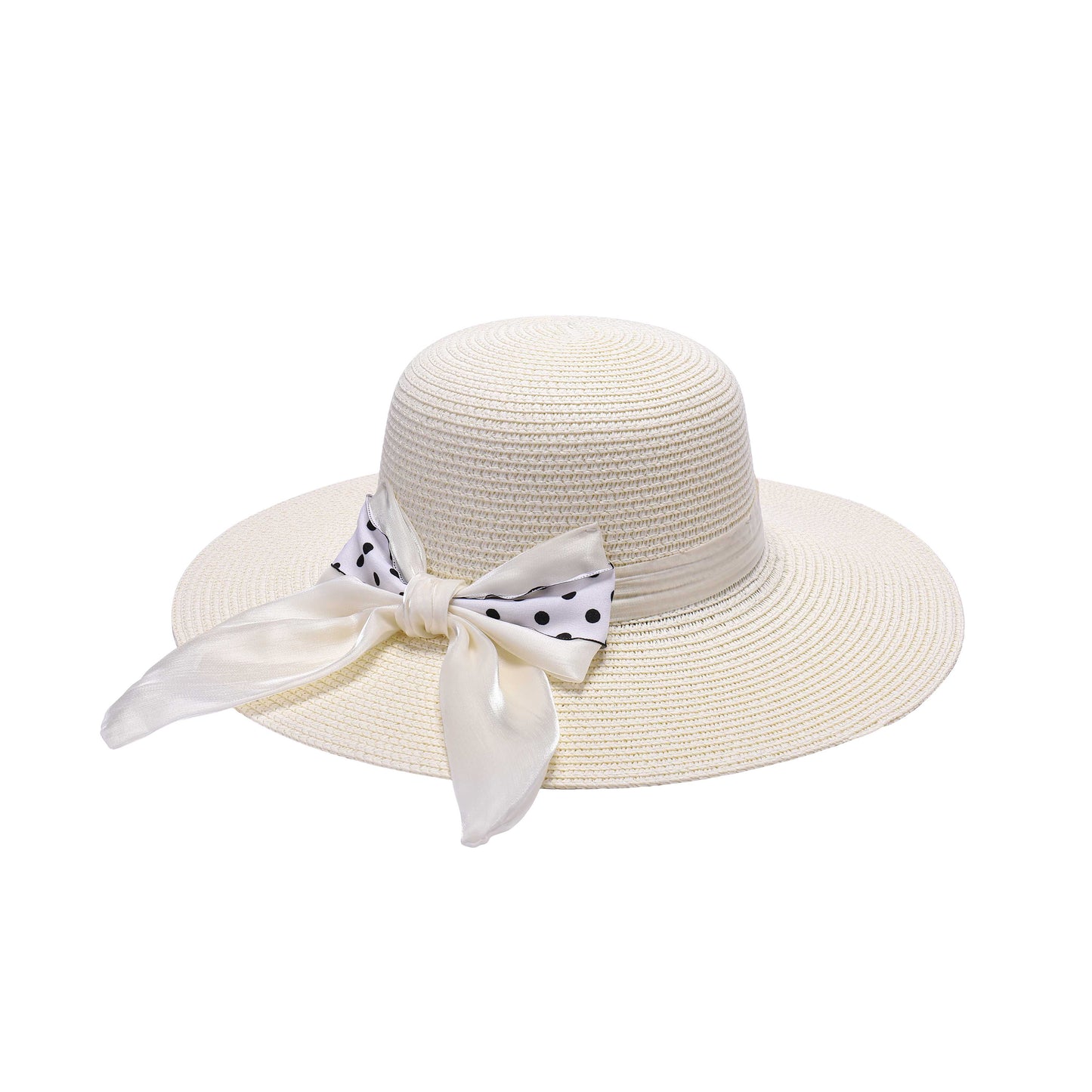 Ladies Sun Hat with Wide Brim and Polka Dot Bow