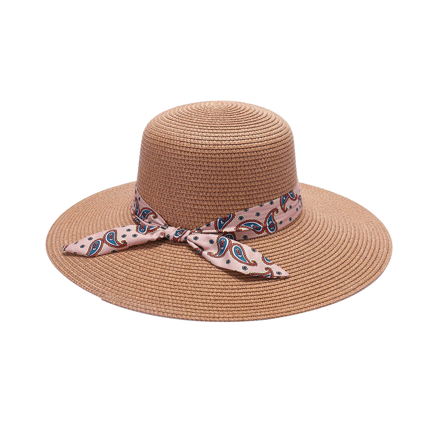 Ladies Sun Hat with Wide Brim and Paisley Print Bow