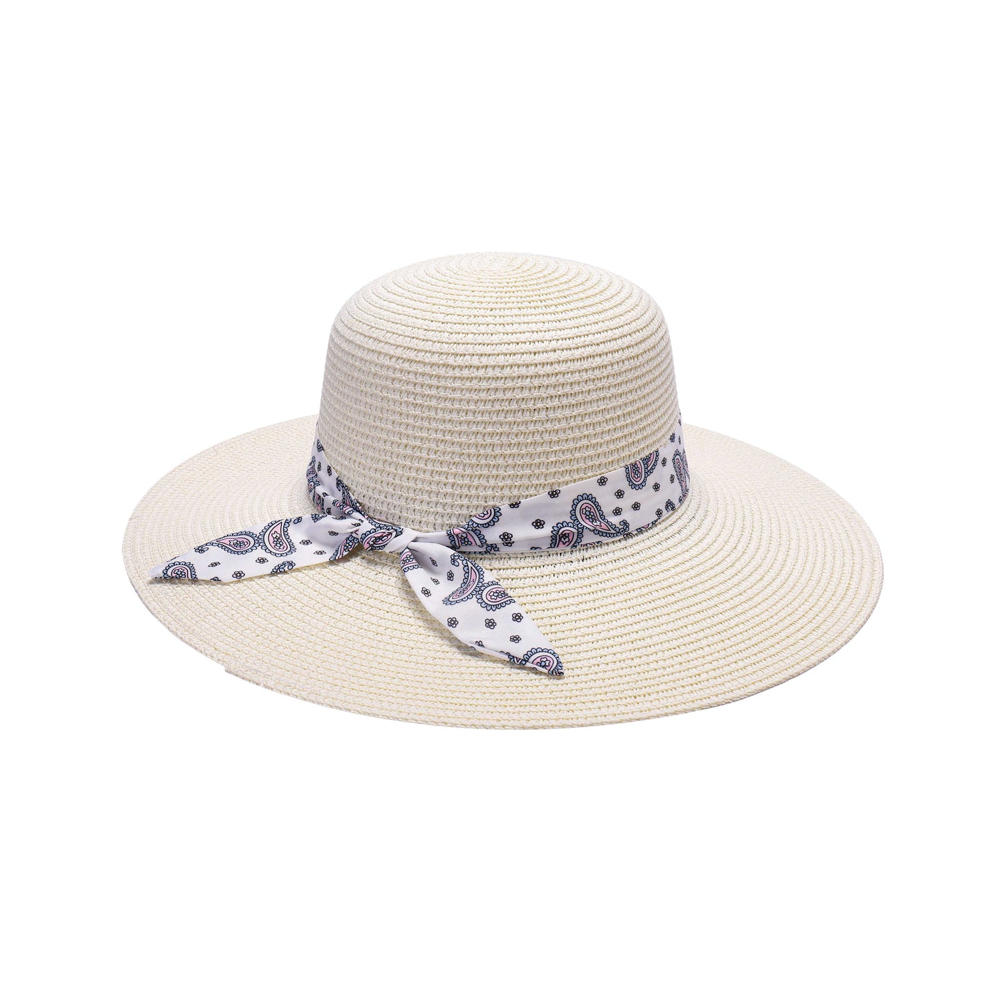 Ladies Sun Hat with Wide Brim and Paisley Print Bow