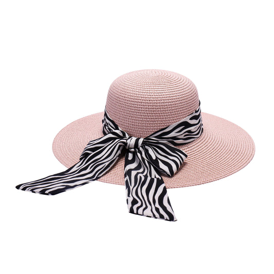 Ladies Sun Hat with Wide Brim and Zebra Pattern Bow