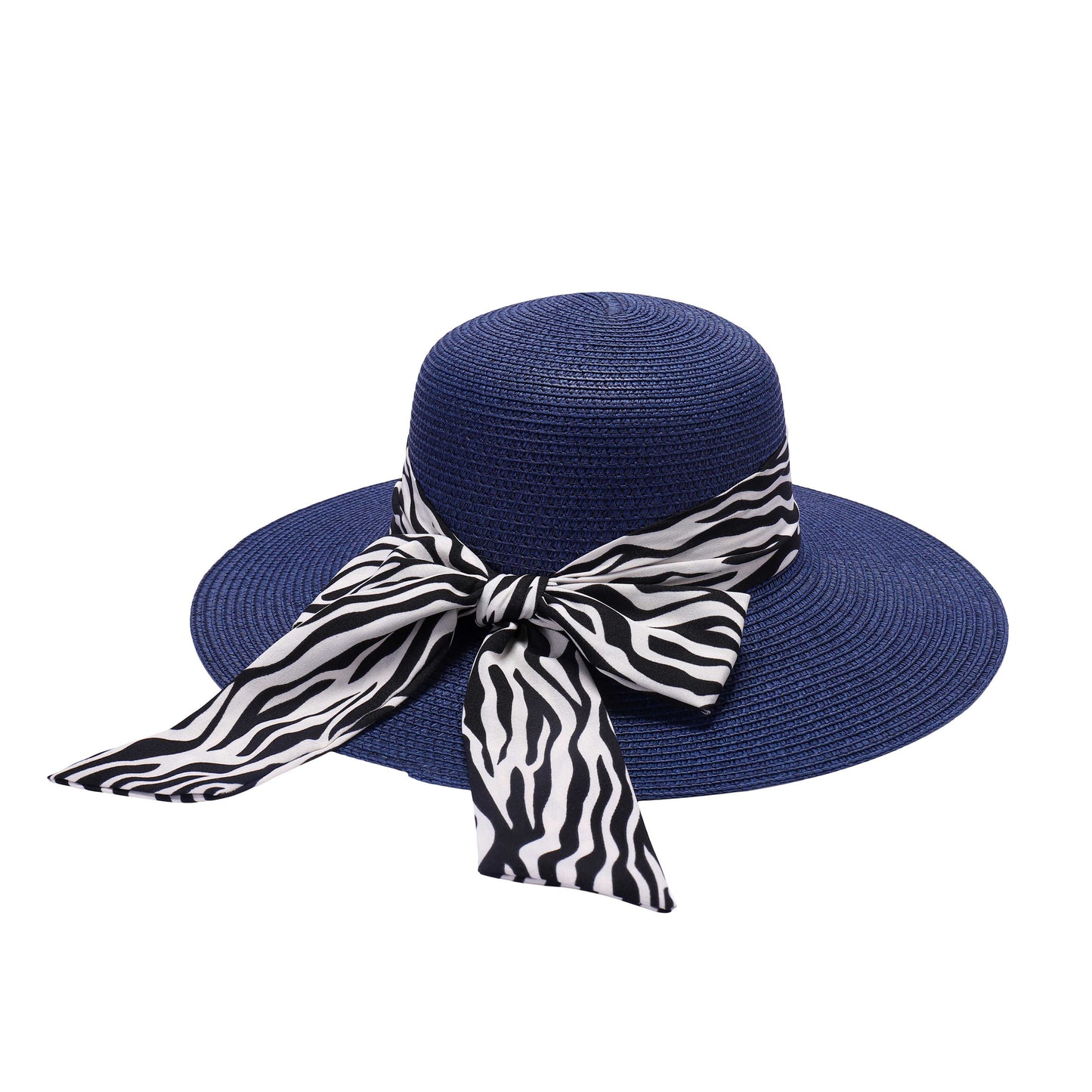 Ladies Sun Hat with Wide Brim and Zebra Pattern Bow