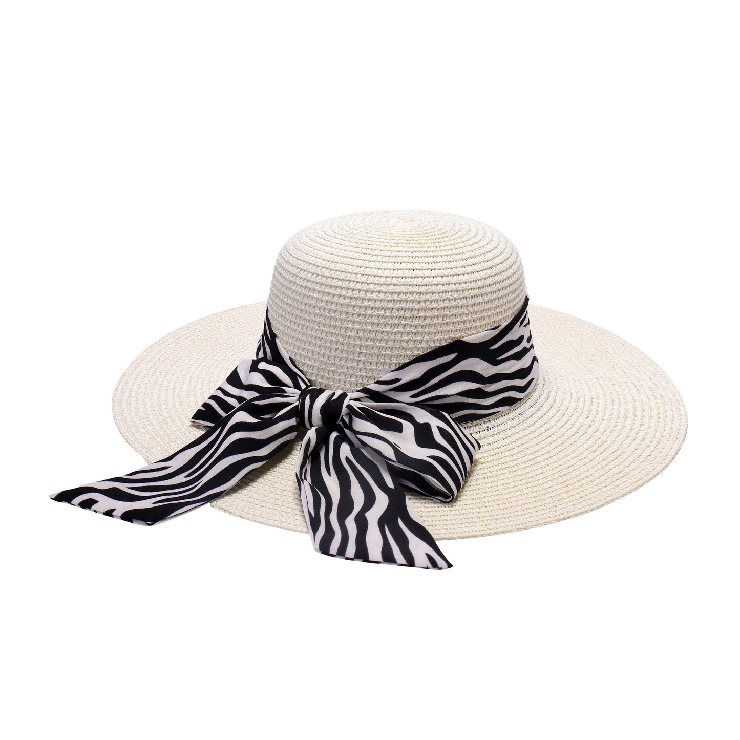 Ladies Sun Hat with Wide Brim and Zebra Pattern Bow