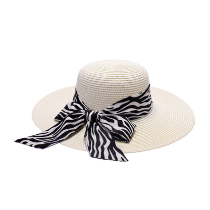 Ladies Sun Hat with Wide Brim and Zebra Pattern Bow