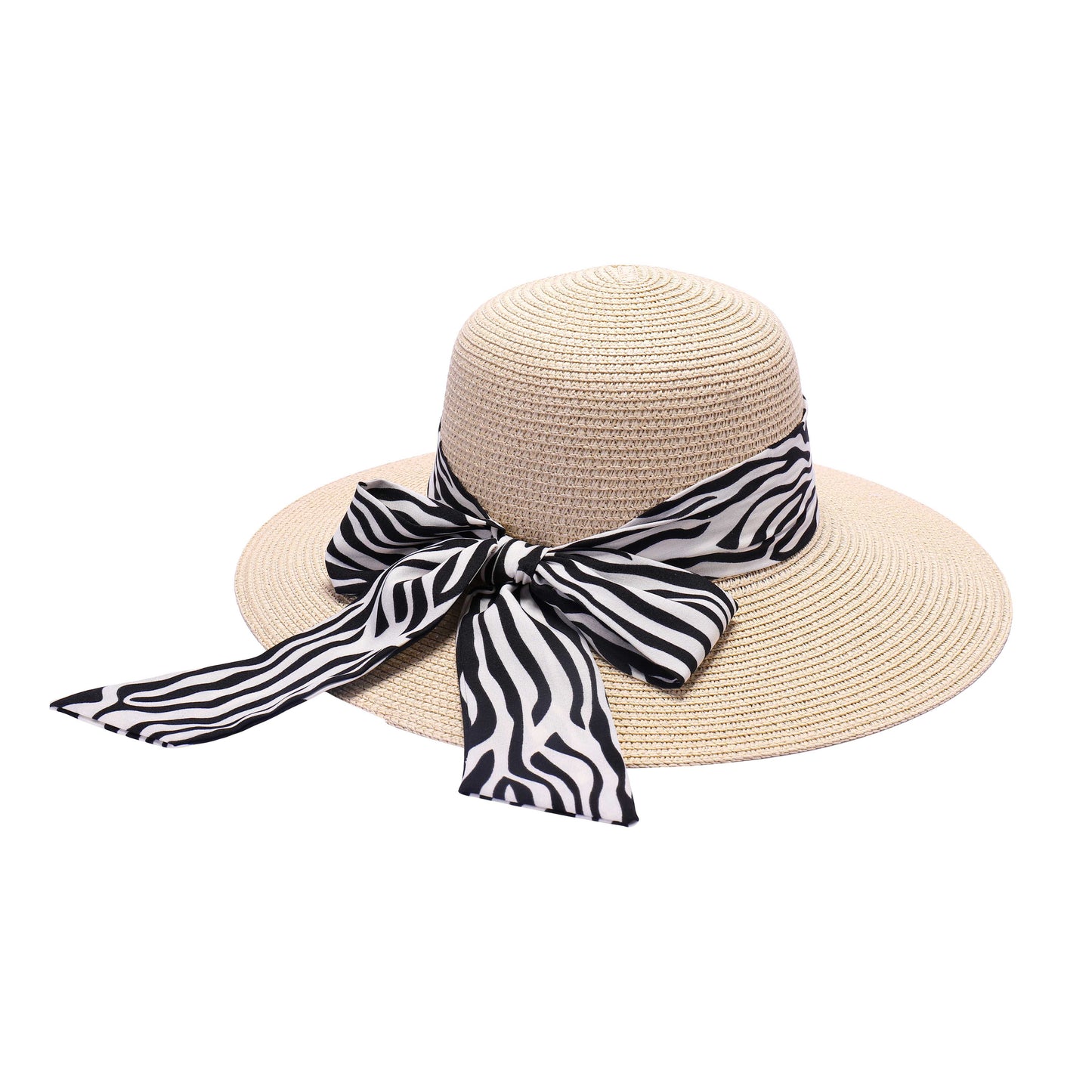 Ladies Sun Hat with Wide Brim and Zebra Pattern Bow