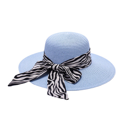 Ladies Sun Hat with Wide Brim and Zebra Pattern Bow