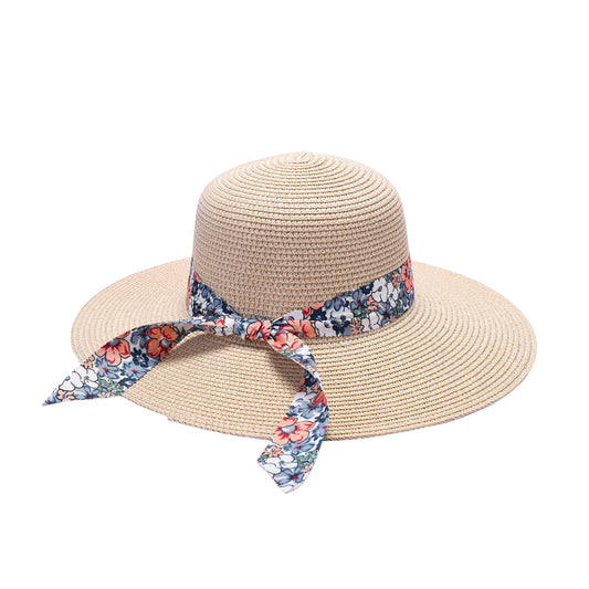 Ladies Sun Hat with Wide Brim and Vibrant Floral Ribbon