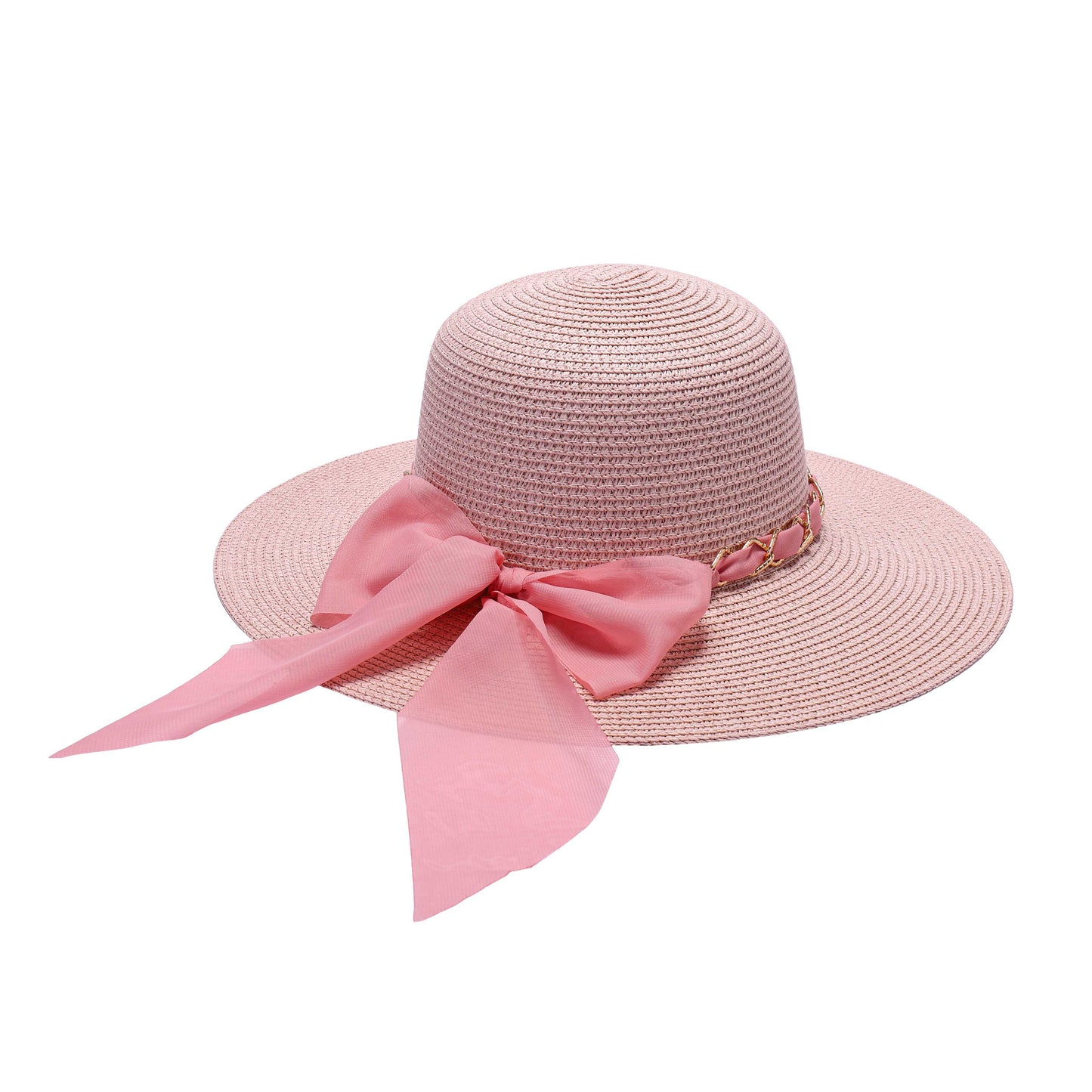 Elegant White Sun Hat with Sheer Chiffon Bow and Gold Chain Detail
