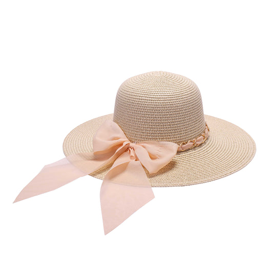 Elegant White Sun Hat with Sheer Chiffon Bow and Gold Chain Detail