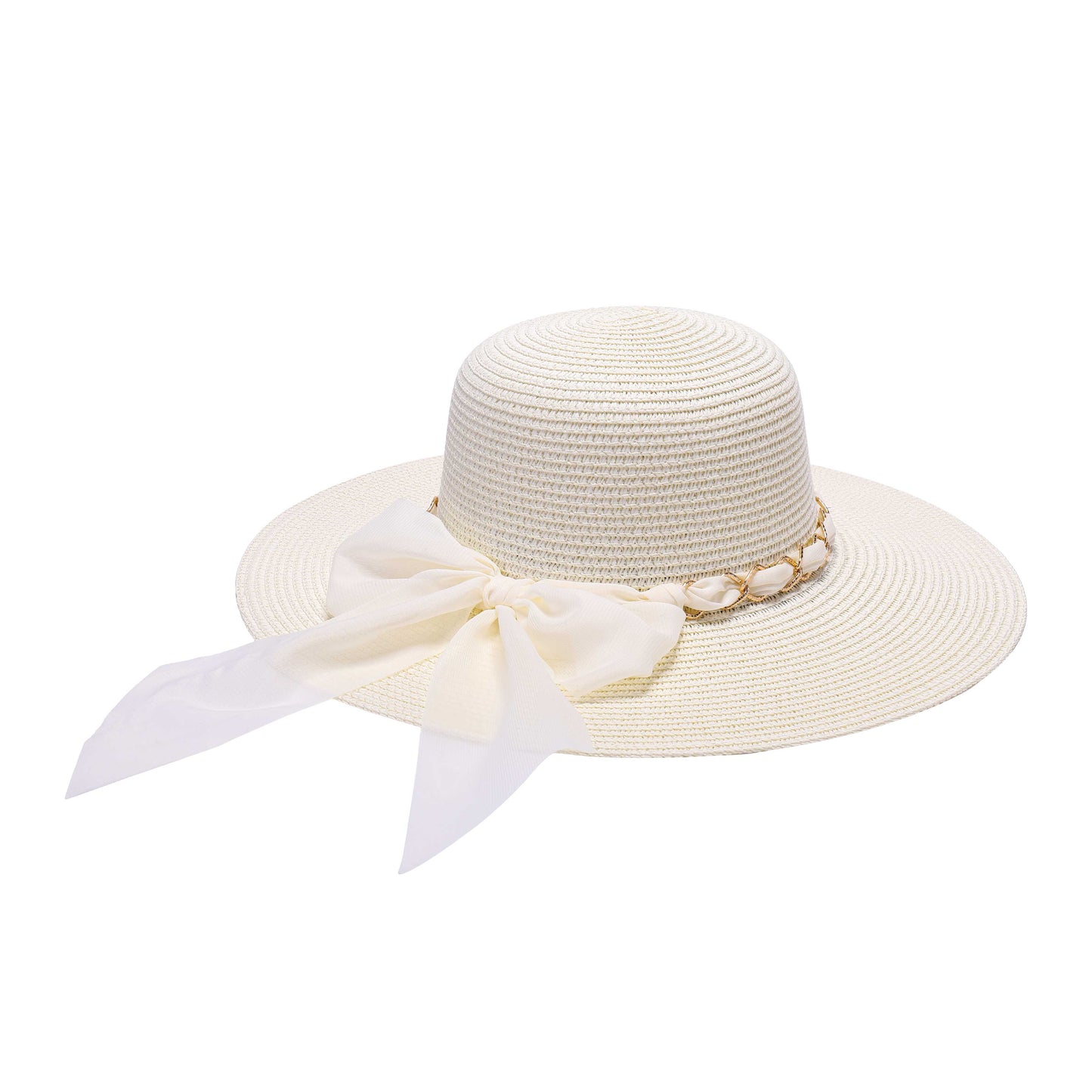 Elegant White Sun Hat with Sheer Chiffon Bow and Gold Chain Detail