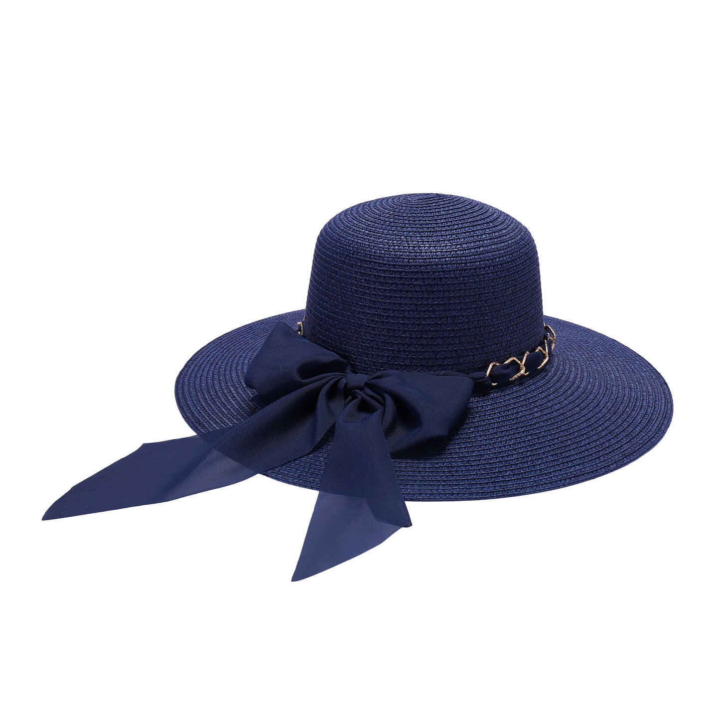Elegant White Sun Hat with Sheer Chiffon Bow and Gold Chain Detail