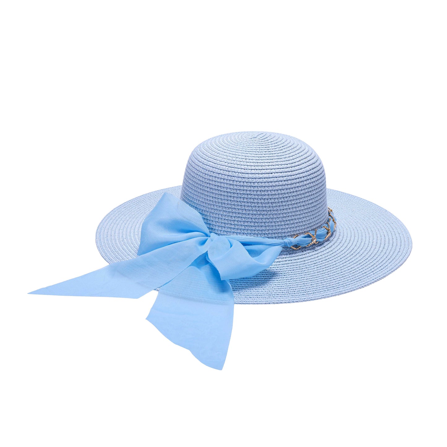 Elegant White Sun Hat with Sheer Chiffon Bow and Gold Chain Detail