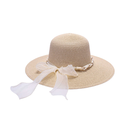 Wide-Brim Sun Hat with Sheer Bow and Pearl Accents