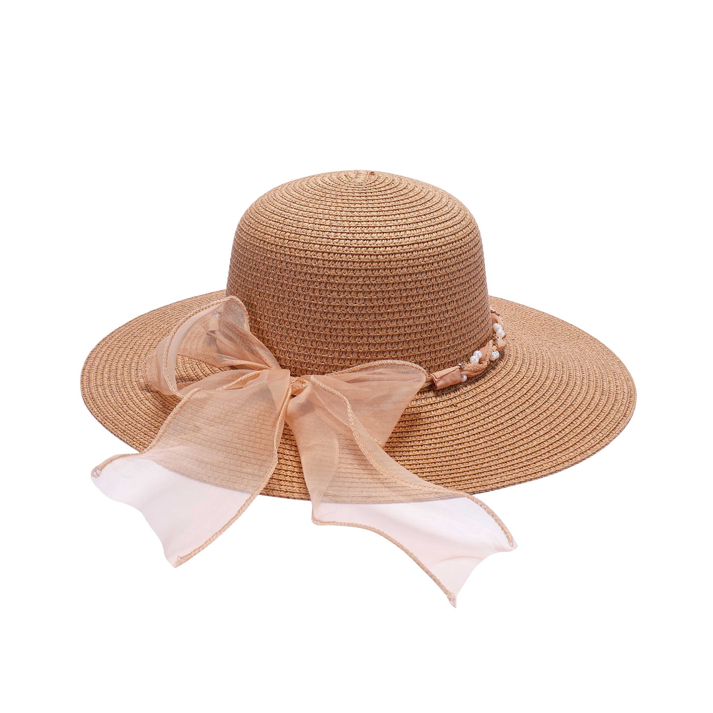 Wide-Brim Sun Hat with Sheer Bow and Pearl Accents