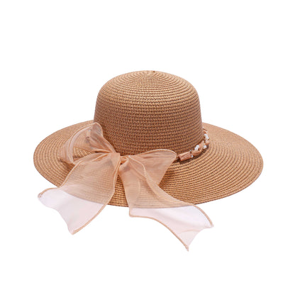 Wide-Brim Sun Hat with Sheer Bow and Pearl Accents