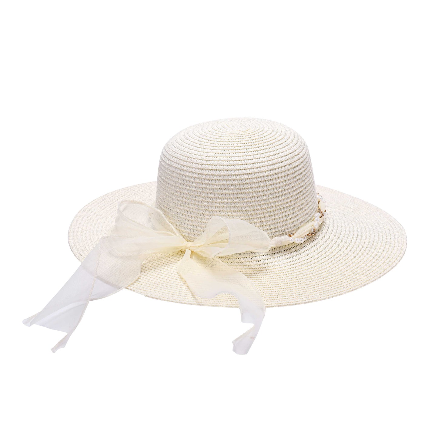 Wide-Brim Sun Hat with Sheer Bow and Pearl Accents