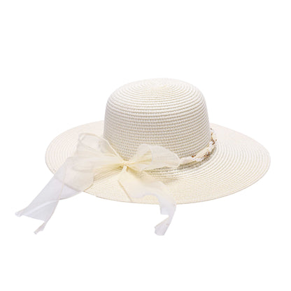 Wide-Brim Sun Hat with Sheer Bow and Pearl Accents