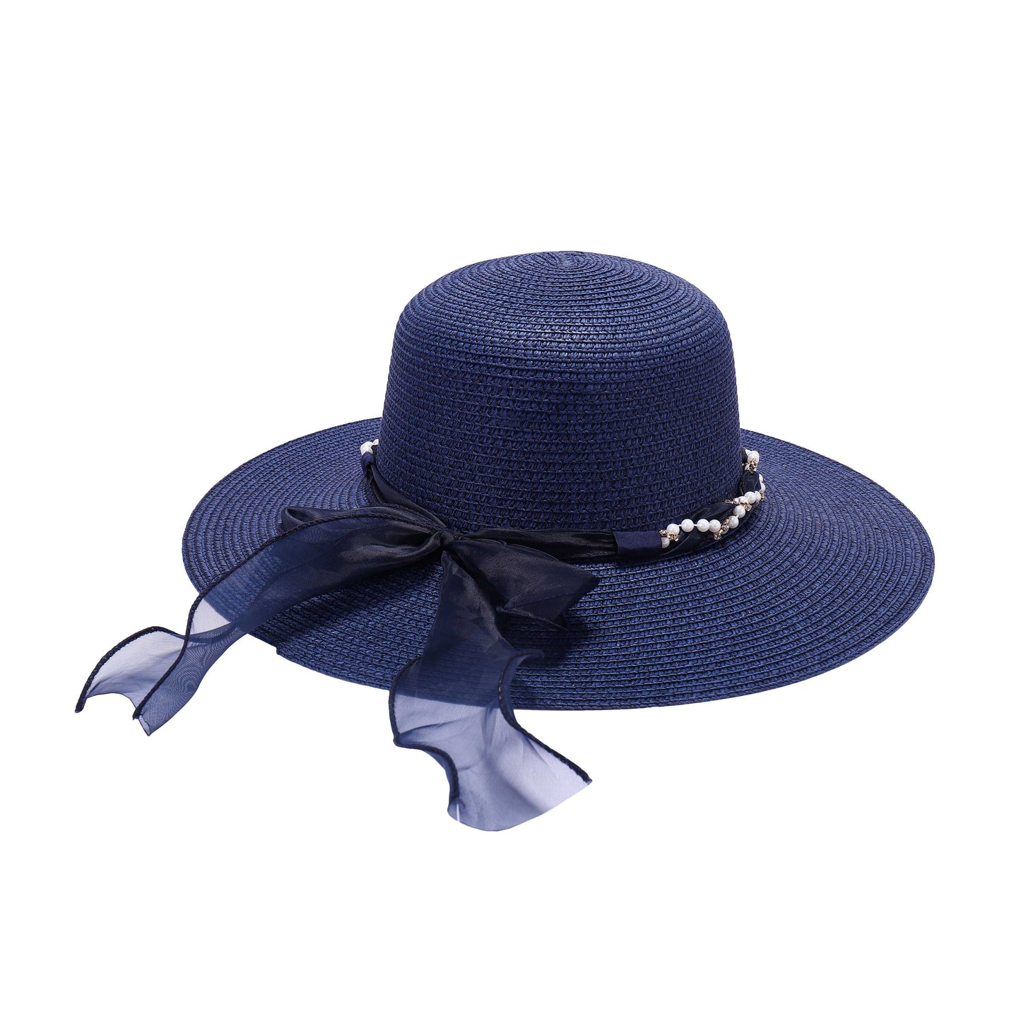 Wide-Brim Sun Hat with Sheer Bow and Pearl Accents