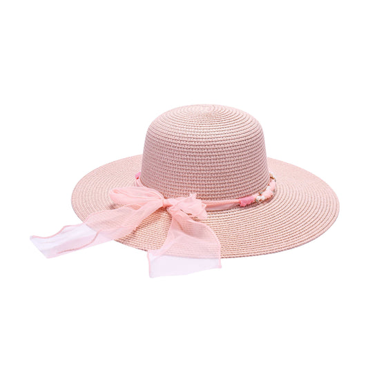 Wide-Brim Sun Hat with Sheer Bow and Pearl Accents
