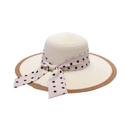 Ladies Sun Hat with Wide Brim and Polka Dot Ribbon