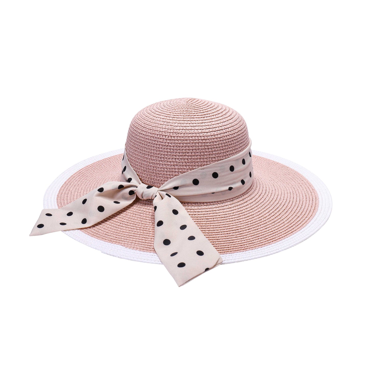 Ladies Sun Hat with Wide Brim and Polka Dot Ribbon