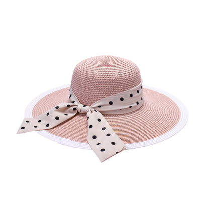 Ladies Sun Hat with Wide Brim and Polka Dot Ribbon