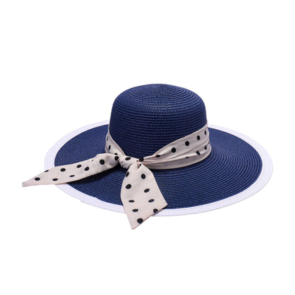 Ladies Sun Hat with Wide Brim and Polka Dot Ribbon