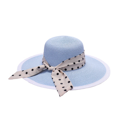 Ladies Sun Hat with Wide Brim and Polka Dot Ribbon