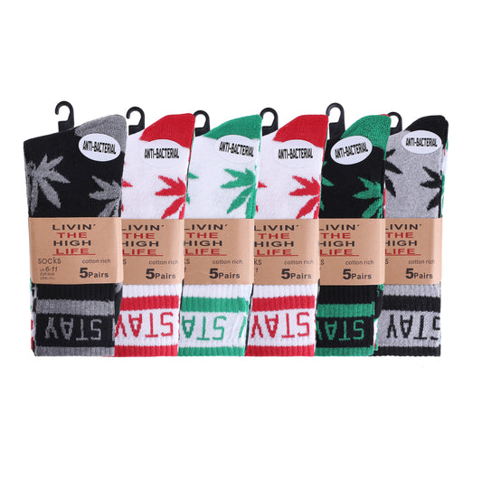 Mens 5 Pair Pair Sport Socks - Stay Smokin Ganja V2 (30 Pairs)